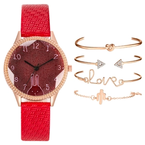 Red leather strap watch with rabbit dial and four rose gold bracelet set for women