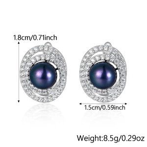 Detail view of purple pearl stud earrings with dimensions 1.8cm by 1.5cm and silver frame
