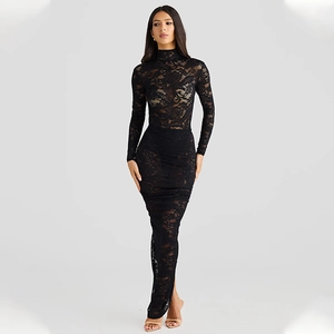 Detailed view of sexy black lace high neck bodysuit with side slit long skirt set