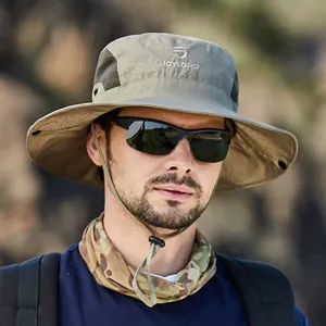 Outdoor khaki sun hat with wide brim, breathable mesh, and adjustable windproof cord