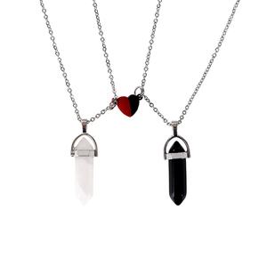 Magnetic couples necklace with hexagonal crystal pendants and a matching heart charm