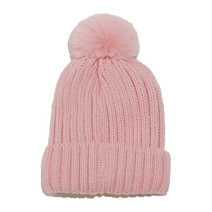 Pink knit winter beanie with plush pom-pom and thick ribbed cuff for warm outdoor wear