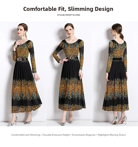Vista triple de un vestido largo floral de manga larga con un elegante cinturón dorado