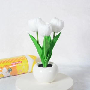 Realistic LED white tulip flower night light in ceramic pot for bedroom decor