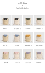 Detailed grid view of straw cell phone crossbody bags in various colors with chain straps