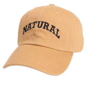 Classic khaki cotton baseball cap with black NATURAL letter embroidery on a white background