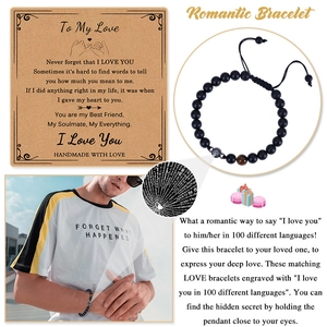 Detail of beaded bracelet with 100 languages projection stone and sentiment gift card