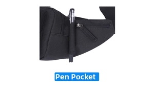 Close-up of tactical waist bag featuring a dedicated pen holder pocket and zipper detail