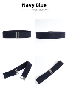 Navy blue elastic wide belt for women with silver metal buckle detail and multiple views