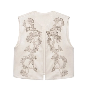 Women's cream faux suede vest with detailed floral embroidery and 3D applique