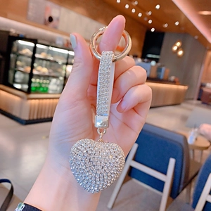 Luxury heart-shaped rhinestone keychain for handbags and car keys in silver finish