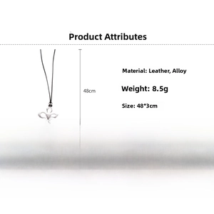 Detail view of silver hollow flower pendant with black cord showing 48cm size specs