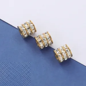 Cylinder Spacer Beads 304 Stainless Steel 18k Gold Plated Cubic Zirconia Large Hole Hollow DIY Jewelry Making Accessories