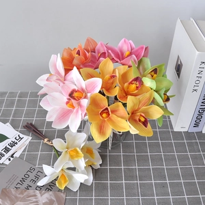 Realistic 3D printed multicolor Cymbidium orchid bouquet in a clear glass vase