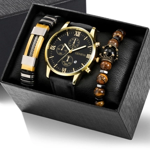 Men's gift set with black leather quartz watch and crown beaded bracelets in a textured box
