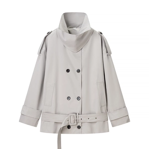 Short light gray double-breasted trench coat with high collar and waist belt