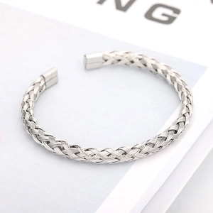 Polished silver braided stainless steel mesh open cuff bracelet with woven texture