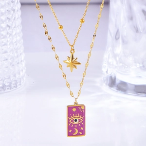 French vintage double layered necklace with gold North Star and purple oil drop pendants