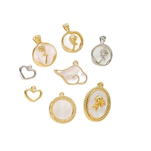 Gold-plated heart and rose pendants with mother of pearl inlays for DIY jewelry making