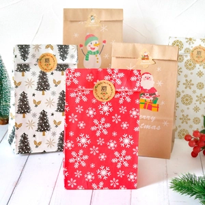 Close-up of assorted Christmas kraft paper gift bags with festive snowflake and Santa prints