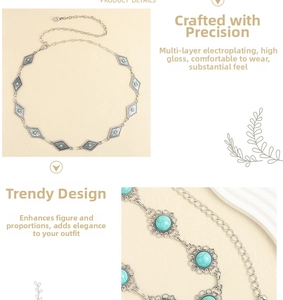 Detail of bohemian metal waist chain with turquoise diamond frames and extension links