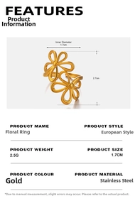 Size chart showing flower ring measurements, 1.7cm inner diameter and stainless steel info