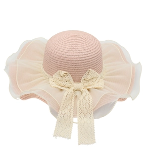 Women Straw Sun Hat Wide Brim Breathable Lace Bowknot Organza Mesh Beach Vacation Elegant Sweet Style Paper Straw