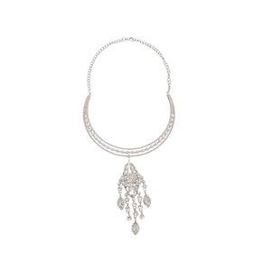 Silver layered fringe necklace with pearls and rhinestones for elegant formal wear