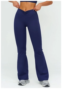 Detail of high waisted navy blue flare pants featuring V-shaped ruched waist design