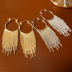 Minimalist Metal Round Hoop Tassel Drop Earrings With Steel Earring Post For Women Elegant Geometric Dangle