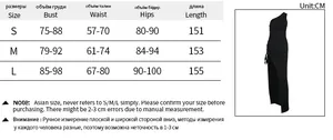 Size chart for black one-shoulder dress with bust, waist, and hips measurements