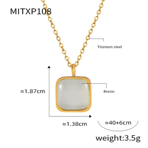 Detail view of light resin square pendant with titanium steel gold chain and dimensions