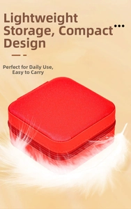 Detailed top view of red square velvet jewelry box with textured surface and gold zipper