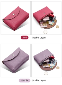 Detail of red and purple genuine leather mini coin purses with double layer interior design