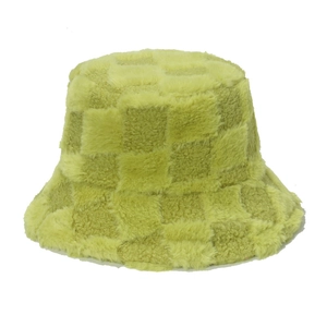 Chapeau bob en peluche à damier vert et jaune en fausse fourrure douce et chaude