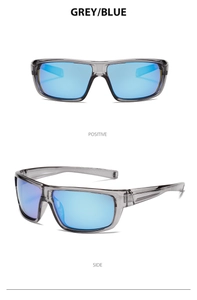 Close-up of grey square frame cycling sunglasses with blue polarized mirrored lenses