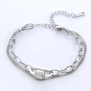 Double-layered stainless steel silver bracelet with pavé crystal cylinder pendant