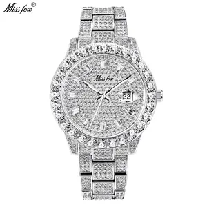 Silver luxury hip hop watch with full diamond setting and date window display