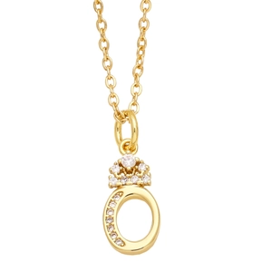 Detail of gold necklace featuring a crown-topped letter O pendant with sparkling zircons