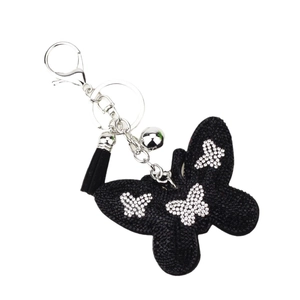 Sparkling black velvet butterfly keychain with crystal accents and tassel pendant