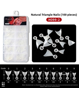 Size chart for 100pcs natural triangle false nail tips with length and width dimensions