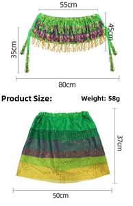 Detail view of tiered green sequin tutu and tricolor fringe belt for festival costumes