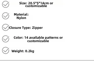 Detailed spec list for nylon waist bag showing dimensions 20.5x5x14cm and 0.2kg weight