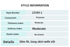 Guide des tailles montrant les détails de la robe longue fendue en polyester moulante