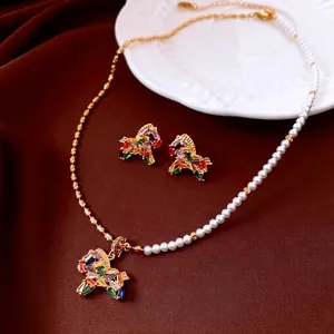 Horse Necklace Earrings Vintage Jewelry Copper 18K Gold Plated Colorful Zircon Faux Artificial Pearl Silver Earring Post For Women