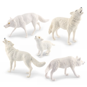 5-piece set of realistic white wolf figurines in various poses with detailed fur textures