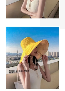 Detail of a bright yellow wide-brim sun hat featuring an adjustable white windproof chin strap