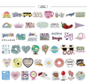 Detailed grid of 50 colorful VSCO waterproof vinyl stickers for laptops and luggage