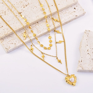 Gold Plated Stainless Steel Layered Necklace With Faux Artificial Pearl Heart Pendant And Lightning Charms Chic Jewelry For Women