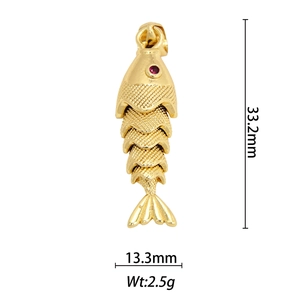 Articulated gold fish pendant detail with dimensions showing 33.2mm height and red eye